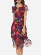Casual Bowknot Round Neck Gauze Printed Skater Dress