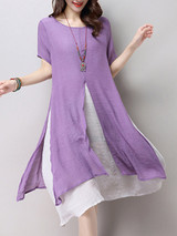 Casual Round Neck  Asymmetric Hem  Plain  Blend Shift Dresses