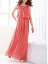 Casual Solid Elastic Waist Chiffon Round Neck Maxi Dress