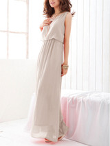 Casual Solid Elastic Waist Chiffon Round Neck Maxi Dress