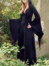 Flared Sleeves Split-joint Hooded Maxi Dress