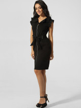 Casual V Neck Flounce Zips Plain Bodycon-dress Casual V Neck Flounce Zips Plain Bodycon-dress