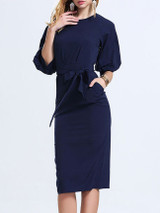 Casual Round Neck Pocket Removable Tie Plain Bodycon Dress
