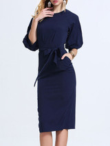 Casual Round Neck Pocket Removable Tie Plain Bodycon Dress