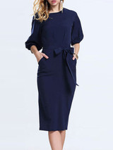 Casual Round Neck Pocket Removable Tie Plain Bodycon Dress