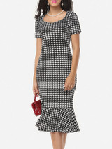 Casual Houndstooth Ruffled Hem Graceful Sweet Heart Bodycon-dress