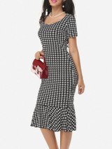 Casual Houndstooth Ruffled Hem Graceful Sweet Heart Bodycon-dress
