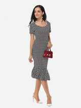 Casual Houndstooth Ruffled Hem Graceful Sweet Heart Bodycon-dress