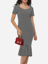 Casual Houndstooth Ruffled Hem Graceful Sweet Heart Bodycon-dress