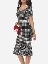 Casual Houndstooth Ruffled Hem Graceful Sweet Heart Bodycon-dress