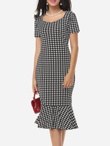 Casual Houndstooth Ruffled Hem Graceful Sweet Heart Bodycon-dress