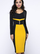 Casual Decorative Button Captivating Color Block Bodycon Dress