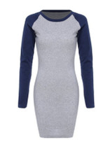 Casual Round Neck Color Block Raglan Sleeve Bodycon Dress