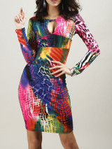 Keyhole Abstract Print Round Neck Bodycon Dress