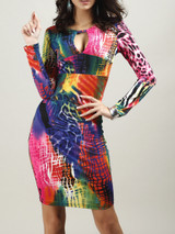 Keyhole Abstract Print Round Neck Bodycon Dress