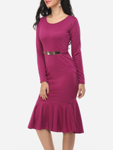 Casual Round Neck Decorative Hardware Mermaid Plain Bodycon-dres