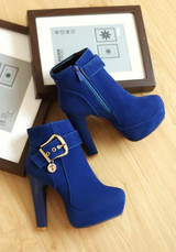 Casual Blue Round Toe Chunky Buckle Zipper Fashion Martin Boots