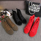 Casual Pure Color Suede Heel Increasing Flat Lace Up Ankle Boots For Women