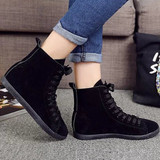 Casual Pure Color Suede Heel Increasing Flat Lace Up Ankle Boots For Women