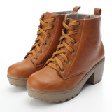 Casual Pu Chunky Heel Lace Up Pure Color Platform Shoes