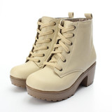 Casual Pu Chunky Heel Lace Up Pure Color Platform Shoes