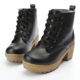 Casual Pu Chunky Heel Lace Up Pure Color Platform Shoes