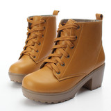 Casual Pu Chunky Heel Lace Up Pure Color Platform Shoes