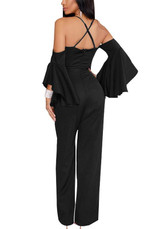 Black Ruffle Spaghetti Strap Backless Flare Sleeve High Waisted Wide Leg Long Jumpsuit