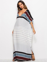 Loose V-neck Striped Maxi Dresses Loose V-neck Striped Maxi Dresses