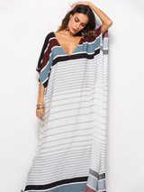 Loose V-neck Striped Maxi Dresses Loose V-neck Striped Maxi Dresses