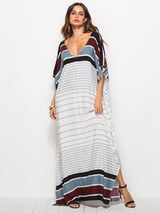 Loose V-neck Striped Maxi Dresses Loose V-neck Striped Maxi Dresses