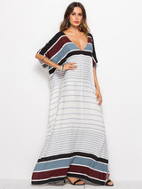 Loose V-neck Striped Maxi Dresses Loose V-neck Striped Maxi Dresses