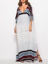 Loose V-neck Striped Maxi Dresses Loose V-neck Striped Maxi Dresses