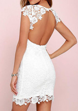 Casual White Patchwork Hollow-out Lace Zipper Backless Round Neck Mini Dress