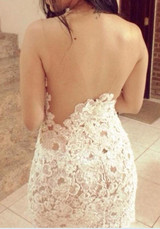 Casual White Plain Lace Blackless V-neck Sleeveless Above Knee Dress