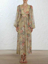 Printed V-neck Bowknot Bohemia Midi Dresses