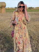 Printed V-neck Bowknot Bohemia Midi Dresses