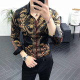 Luxury Gold Black  Slim Fit Long Sleeve Casual Shirt