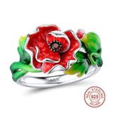 Enamel Red Flower CZ Stones Ring Earrings Brooch Necklace 925 Sterling Silver Women Jewelry Set