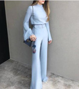 One Piece  Elegant High Neck Bell Sleeve Wide Leg Belted Jumpsuit