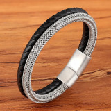Charm Leather & Stainless Steel Stitch Combination Mens Bracelets