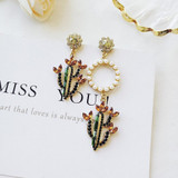 Colorful Crystal Pearls Cactus Big Earring Long Stud Earring