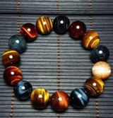 Handmade Natural Stone Tiger Eye Multi Color 14mm Beads Bracelet