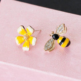 Crystal Flower Sweet Bee Stud Earrings Women Jewelry
