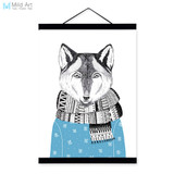 Watercolor Modern Nordic Kawaii Animal Wolf A4 Framed Canvas Painting Wall Art Prints Pictures Poster Kids Room Home Decoration