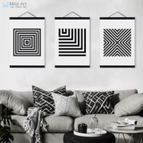 Black White Minimalist Geometric Wooden Framed Canvas Paintings Modern Nordic Home Decor Wall Art Print Pictures Poster Scroll