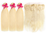 Luvin 613 Blonde Straight Brazilian Hair Weave Human Hair Bundles With Closure 3 Bundles Remy Hair and 1PC Lace Frontal Closure