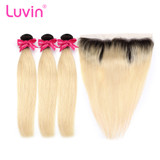 Luvin Ombre BlondeT#1B/#613 Straight Human Hair Bundles With Closure 3 Bundles Remy Hair Weave and 1PC Lace Frontal Closure Luvin Ombre BlondeT#1B/#613 Straight Human Hair Bundles With Closure 3 Bundles Remy Hair Weave and 1PC Lace Frontal Closure