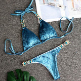 Sexy Crystal Diamond Velvet Bikini 2020 Women Bandage Swimsuit Female Brazilian Swimwear Thong Bikini set Halter Bathing Suit