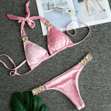 Sexy Crystal Diamond Velvet Bikini 2020 Women Bandage Swimsuit Female Brazilian Swimwear Thong Bikini set Halter Bathing Suit